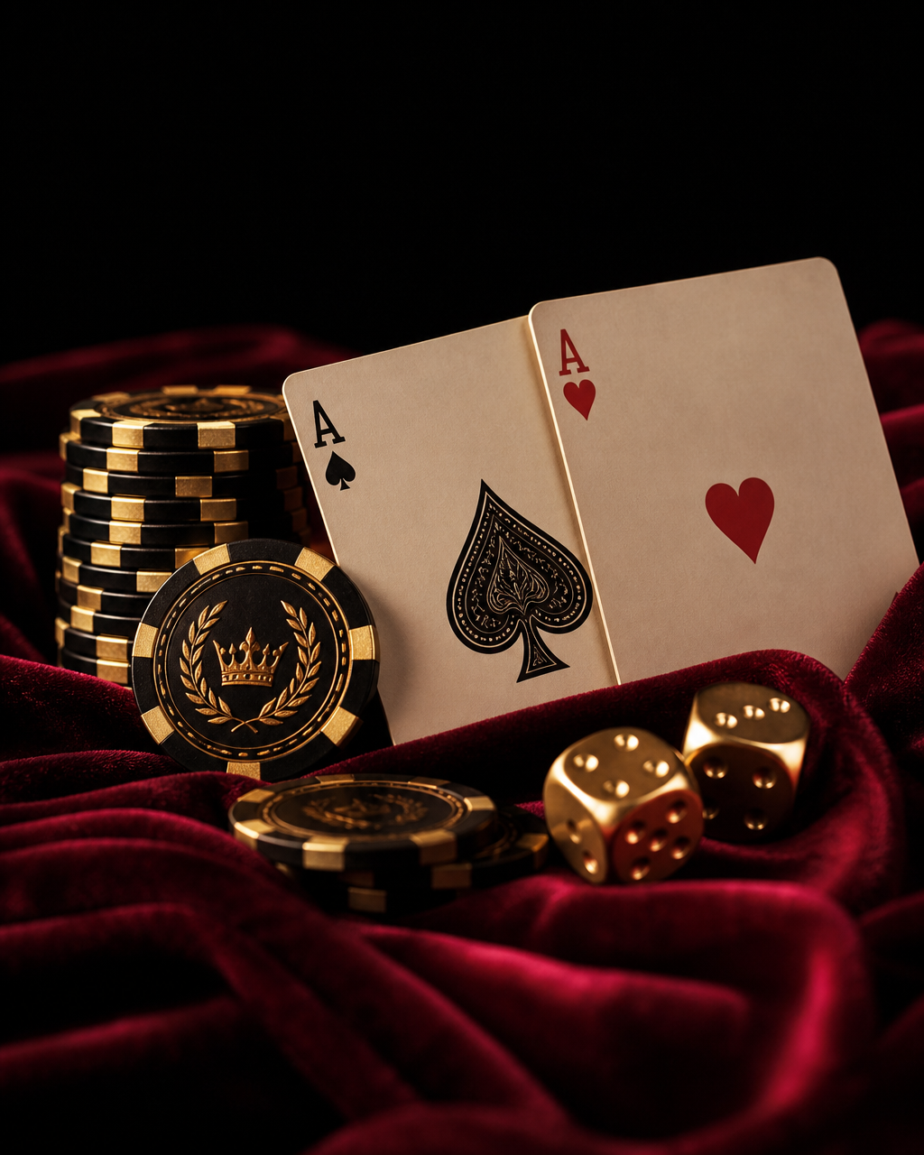 Casino Royale still life with ace of spades, ace of hearts, gold and black chips, and golden dice on deep red velvet