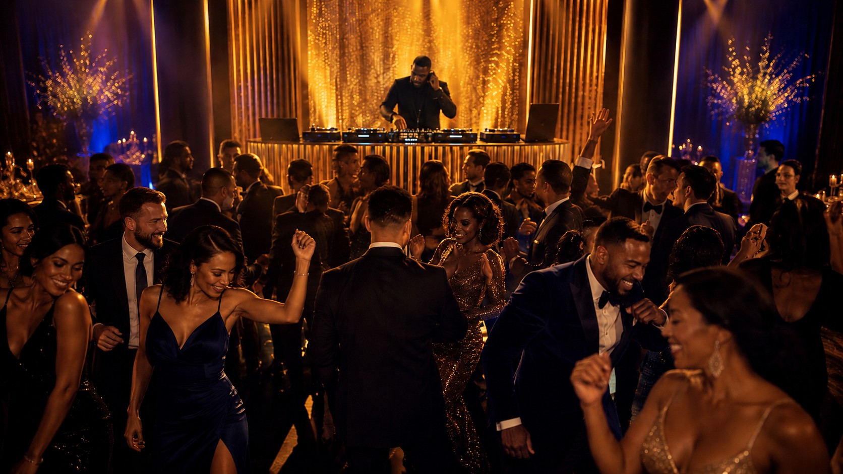 DJ performing while guests dance at an upscale adult prom with gold and blue stage lighting