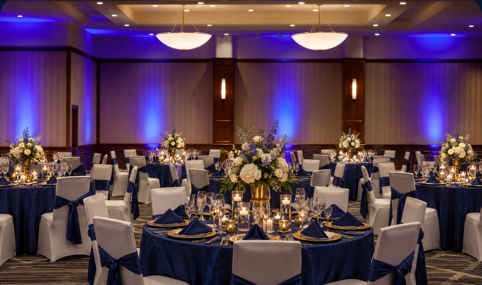 DoubleTree by Hilton Minneapolis ballroom with elegant navy and gold table settings and blue uplighting